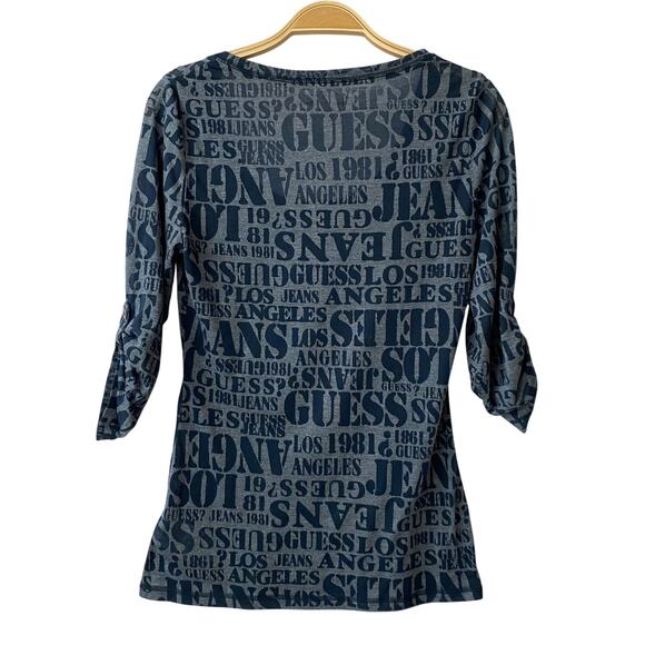 Vintage Y2K Guess Logo Print Top Women Size M Navy Fitted Paper Thin Half Sleeve - Picture 3 of 10